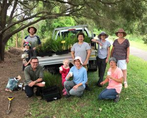 People standing at the back of a ute filled with plants. There is a shovel on the ground.